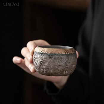 120 мл груба керамика, ръчно изработена релефна сърце сутра дзен чаша керамична майсторска индивидуална единична чаша китайска преносима чаша за чай