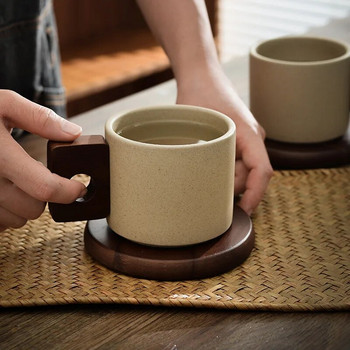 Винтидж керамична дървена дръжка Чаша за кафе с поднос Антична чаша за чай 300 мл Чаша за домашен офис Подарък за рожден ден Чаша за закуска Домашен декор