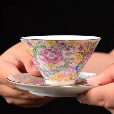 Jingdezhen Ceramics portselanist käsitsi maalitud teetass, värviline emailiga lilled Master Cup, ühe Puer teetassi teekomplekt teekomplekt