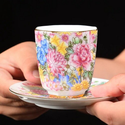 Jingdezhen Ceramics Porcelán, kézzel festett teáscsésze Színes Zománc Virágok Mesterkupa Single Puer Tea csésze teáskészlet teáskészlet