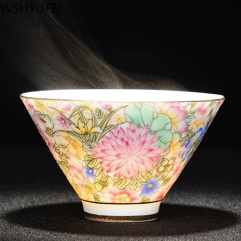 Jingdezhen Ceramics Porcelán, kézzel festett teáscsésze Színes Zománc Virágok Mesterkupa Single Puer Tea csésze teáskészlet teáskészlet