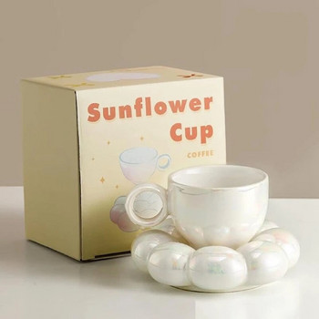 Комплект чаши за кафе с цветя и чинийки Сладък комплект чаши и чинийки Керамична чаша за кафе със слънчогледова чинийка Чаши за лате 6,7 унции