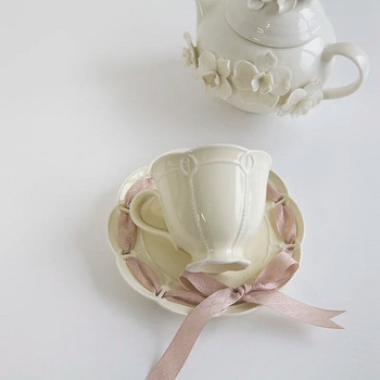 Нов комплект чаша и чинийка от костен Китай Керамична чаша за чай и кафе 250 мл с цветна панделка за сватбена и парти чаша за кафе