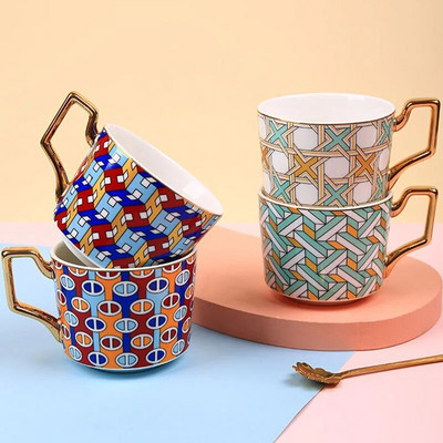 Σετ φλιτζάνι καφέ και πιατάκι από Nordic Moroccan Porcelain με Χρυσή Λαβή Πολυτελή Κεραμικά Ζευγάρι Κύπελλα καφέ Απογευματινή κούπα τσαγιού 250ml
