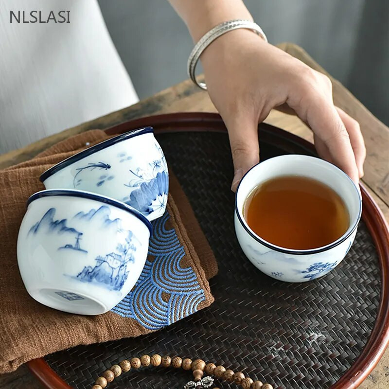 120 мл китайска синя и бяла порцеланова чаша за чай, ръчно рисувана лотосова майсторска чаша, порцеланова купа за чай, традиционни аксесоари за чай