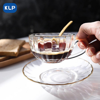 Комплект за чай KLP Комплект чаша и чинийка，Прозрачен стъклен съд Балонче Цвете Чаша Чаша Чаша за кафе с дръжка
