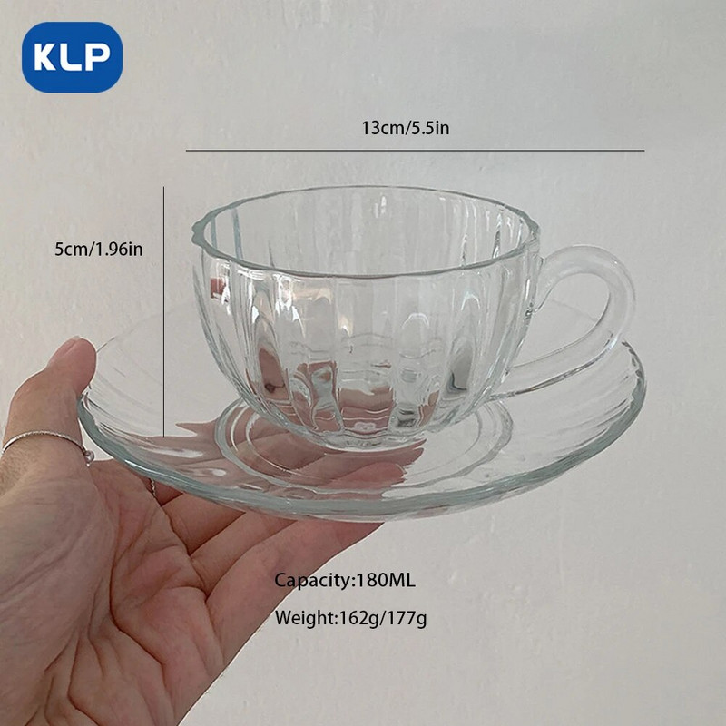 Комплект за чай KLP Комплект чаша и чинийка，Прозрачен стъклен съд Балонче Цвете Чаша Чаша Чаша за кафе с дръжка