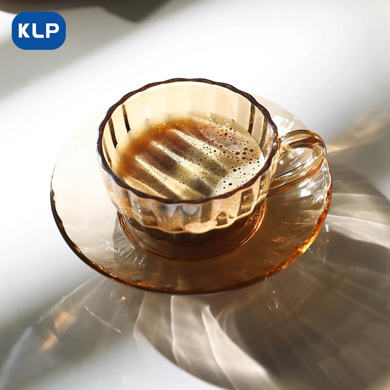 Комплект за чай KLP Комплект чаша и чинийка，Прозрачен стъклен съд Балонче Цвете Чаша Чаша Чаша за кафе с дръжка