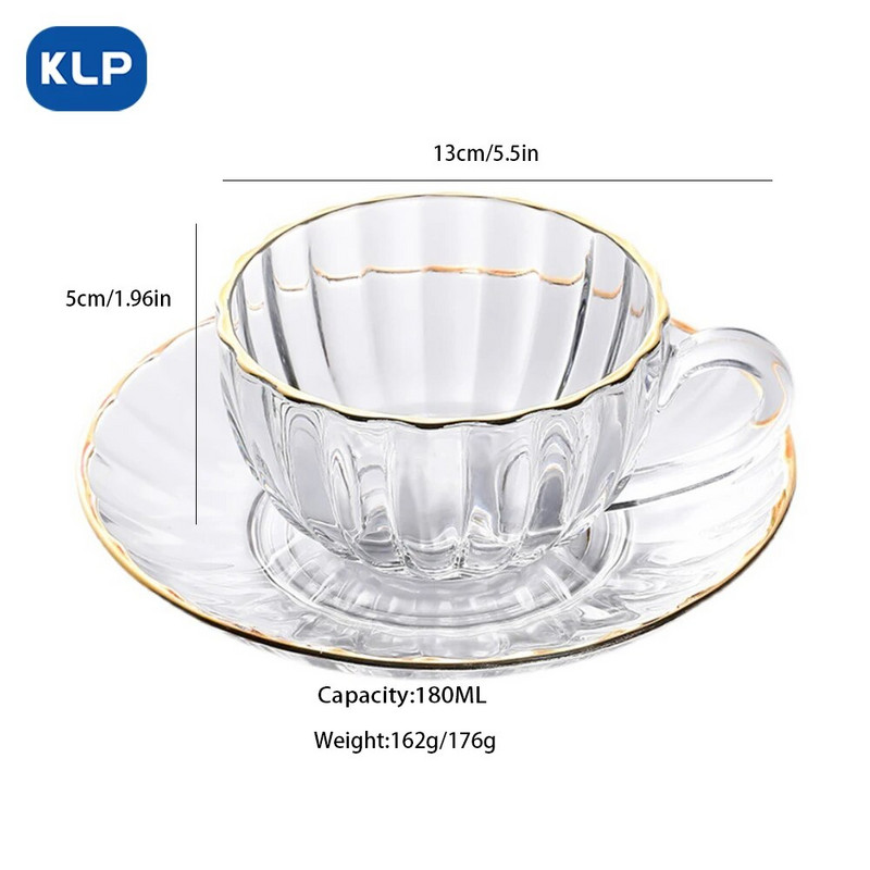 Комплект за чай KLP Комплект чаша и чинийка，Прозрачен стъклен съд Балонче Цвете Чаша Чаша Чаша за кафе с дръжка