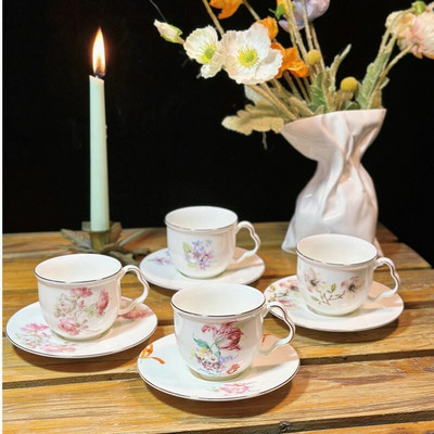 Комплект чаша за кафе и чинийка с цветя Four Seasons, костен порцелан, комплект чаша за чай, комплект черен чай, прибори за кафе, прибори за чай, всички сезони