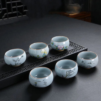 Boutique Ru Kiln Керамична чаша за чай Ръчно рисувани цветя Чаша за медитация Пътуване Купа за чай Вратовръзка Guanyin Pu\'er Master Cup Сервиз за чай Подаръци