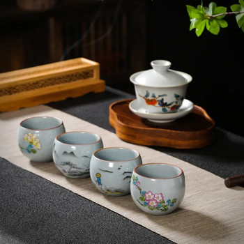 Boutique Ru Kiln Керамична чаша за чай Ръчно рисувани цветя Чаша за медитация Пътуване Купа за чай Вратовръзка Guanyin Pu\'er Master Cup Сервиз за чай Подаръци