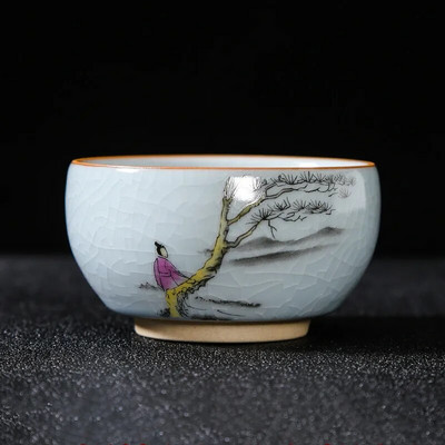 Boutique Ru krosnis Keraminis arbatos puodelis Rankomis tapytos gėlės Meditacijos puodelis Kelionės Arbatos dubenėlis Guanyin Pu'er Master puodelis Arbatos rinkinys Dovanos