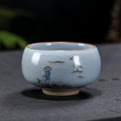 Boutique Ru krosnis Keraminis arbatos puodelis Rankomis tapytos gėlės Meditacijos puodelis Kelionės Arbatos dubenėlis Guanyin Pu'er Master puodelis Arbatos rinkinys Dovanos