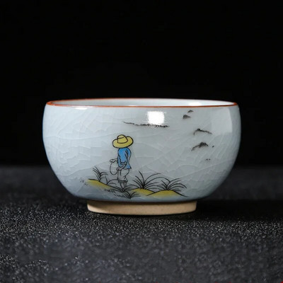 Boutique Ru krosnis Keraminis arbatos puodelis Rankomis tapytos gėlės Meditacijos puodelis Kelionės Arbatos dubenėlis Guanyin Pu'er Master puodelis Arbatos rinkinys Dovanos