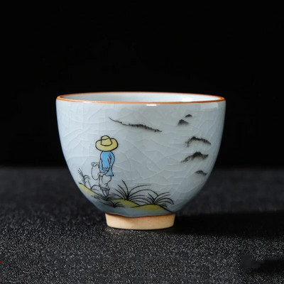 Boutique Ru krosnis Keraminis arbatos puodelis Rankomis tapytos gėlės Meditacijos puodelis Kelionės Arbatos dubenėlis Guanyin Pu'er Master puodelis Arbatos rinkinys Dovanos