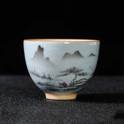 Boutique Ru krosnis Keraminis arbatos puodelis Rankomis tapytos gėlės Meditacijos puodelis Kelionės Arbatos dubenėlis Guanyin Pu'er Master puodelis Arbatos rinkinys Dovanos