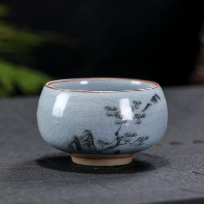 Boutique Ru krosnis Keraminis arbatos puodelis Rankomis tapytos gėlės Meditacijos puodelis Kelionės Arbatos dubenėlis Guanyin Pu'er Master puodelis Arbatos rinkinys Dovanos