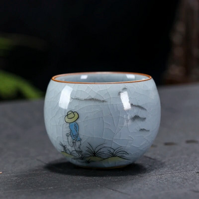 Boutique Ru krosnis Keraminis arbatos puodelis Rankomis tapytos gėlės Meditacijos puodelis Kelionės Arbatos dubenėlis Guanyin Pu'er Master puodelis Arbatos rinkinys Dovanos