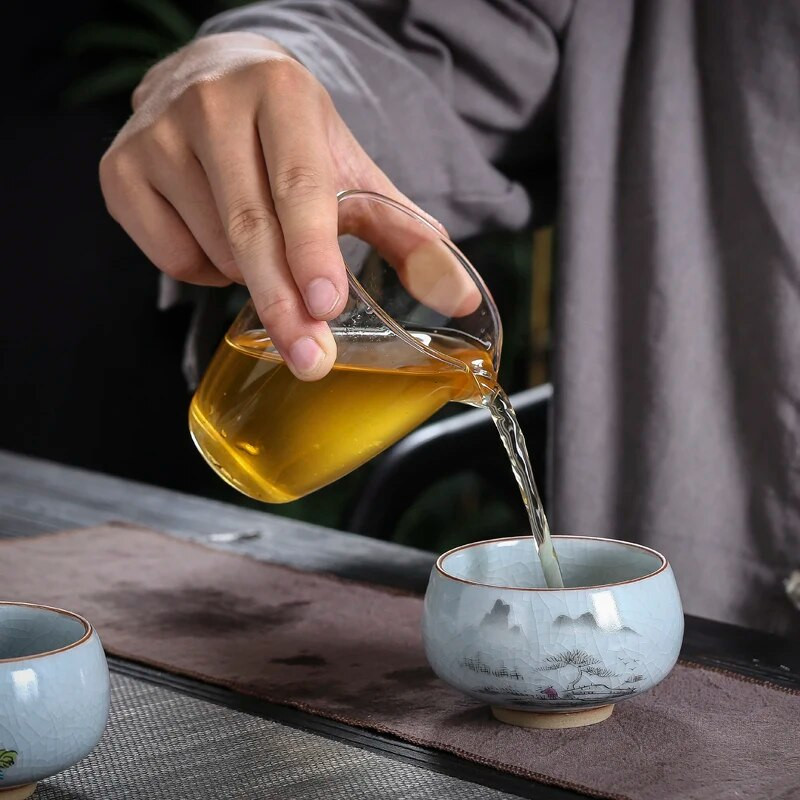 Boutique Ru krosnis Keraminis arbatos puodelis Rankomis tapytos gėlės Meditacijos puodelis Kelionės Arbatos dubenėlis Guanyin Pu'er Master puodelis Arbatos rinkinys Dovanos