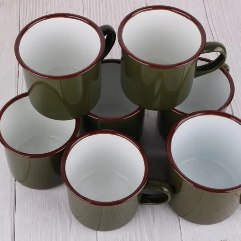 370 ml Retro nedūžtantis kaitinamas emalio puodelis Armijos alyvuogių kavos arbatos puodelis virtuvei Lauko kempingo kelioninis puodelis namų dekoravimui
