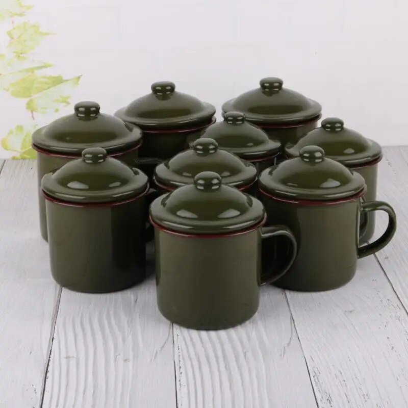 370 ml Retro nedūžtantis kaitinamas emalio puodelis Armijos alyvuogių kavos arbatos puodelis virtuvei Lauko kempingo kelioninis puodelis namų dekoravimui
