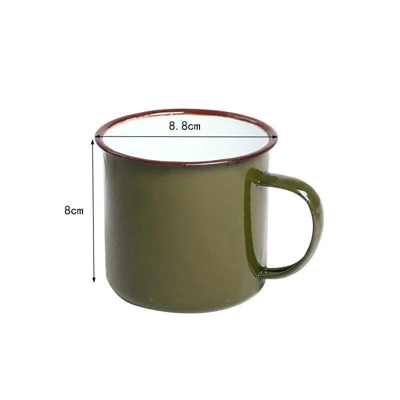 370 ml Retro nedūžtantis kaitinamas emalio puodelis Armijos alyvuogių kavos arbatos puodelis virtuvei Lauko kempingo kelioninis puodelis namų dekoravimui