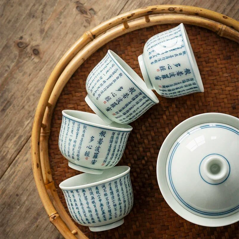 1 бр Jingdezhen, ръчно изработена керамична чаша за чай, ръчно рисувано сърце, сутра, купа за чай, чаша за медитация при пътуване, китайски порцеланов сервиз за чай