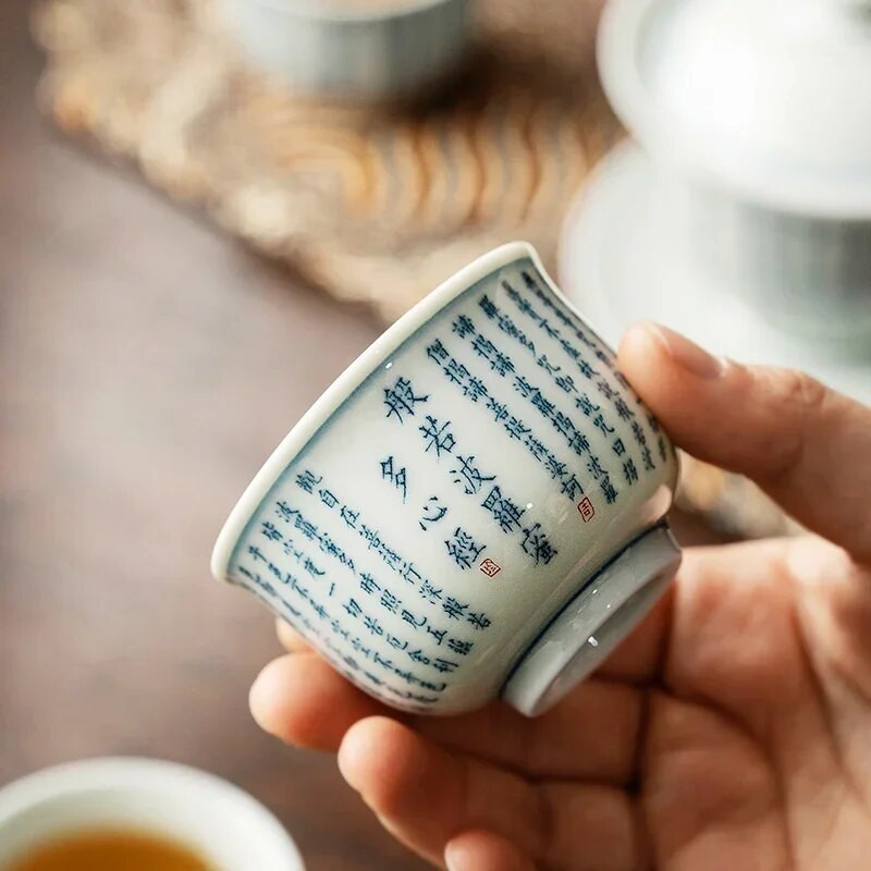 1 бр Jingdezhen, ръчно изработена керамична чаша за чай, ръчно рисувано сърце, сутра, купа за чай, чаша за медитация при пътуване, китайски порцеланов сервиз за чай