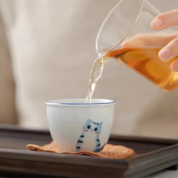 Ръчно рисувана котка Малка чаша за чай Кунг-фу Чаша за чай Порцеланова чаша за дегустация на чай Чаша за чай Master Cup Единична купа за чай Чаша за чай Китайска чаша