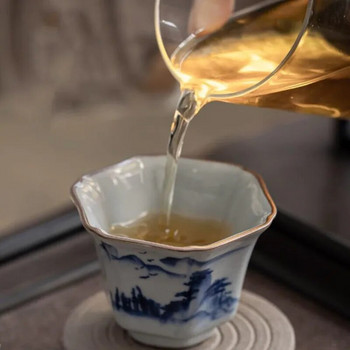 1 бр. Китайска керамична чаена чаша Ru Kiln Изискан ръчно рисуван лотос с шестоъгълна купа за чай Master Meditation Cup Порцеланов сервиз за чай