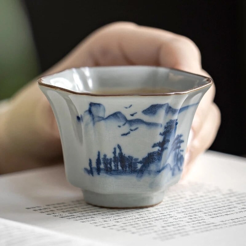 1 kom kineska Ru Kiln keramička šalica za čaj Izvrsna ručno oslikana šesterokutna zdjela za čaj od lotosa Master Cup za meditaciju Porculanski set za čaj