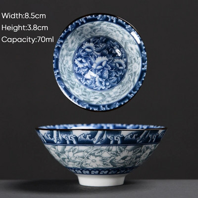 Ceașă de ceai Kung Fu din ceramică, retro, albastru și alb, 1 buc. Cești de sake din porțelan în stil japonez.