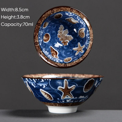 Ceașă de ceai Kung Fu din ceramică, retro, albastru și alb, 1 buc. Cești de sake din porțelan în stil japonez.