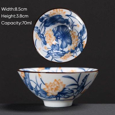 Ceașă de ceai Kung Fu din ceramică, retro, albastru și alb, 1 buc. Cești de sake din porțelan în stil japonez.