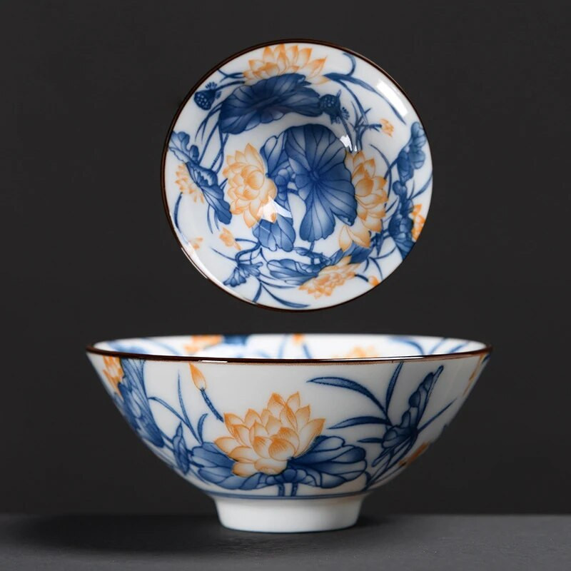 Ceașă de ceai Kung Fu din ceramică, retro, albastru și alb, 1 buc. Cești de sake din porțelan în stil japonez.