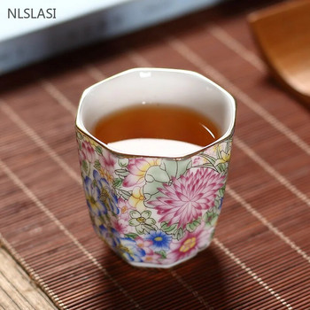 1 бр. емайлирана цветна майсторска чаша, ръчно изработена керамична чаша за чай с цвете, осмоъгълна чаша, преносим персонален комплект за чай с една чаша от висок клас