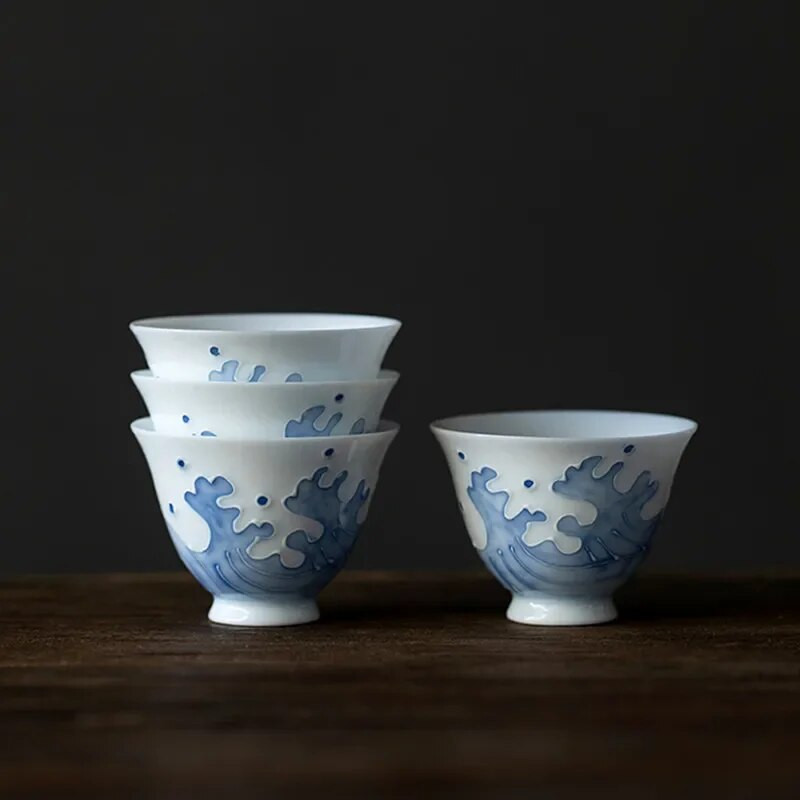 1 vnt kiniškas rankų darbo keraminis arbatos puodelis Kelioninis asmeninis meditacijos puodelis rankomis dažytas bangų porcelianinis arbatos dubenėlis buitinis arbatos rinkinys