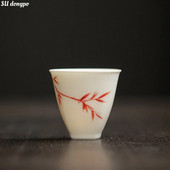 Nefrito molio rankomis dažytas raudono bambuko arbatos puodelis Kinijos kunfu balto porceliano senovinis mažas singelio puodelis išskirtinis arbatos rinkinys