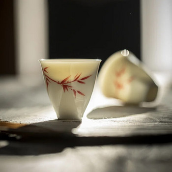 Нефритова глина, ръчно рисувана червена бамбукова чаша за чай, китайски кунг-фу, бял порцелан, антична малка чаша, изискан сервиз за чай
