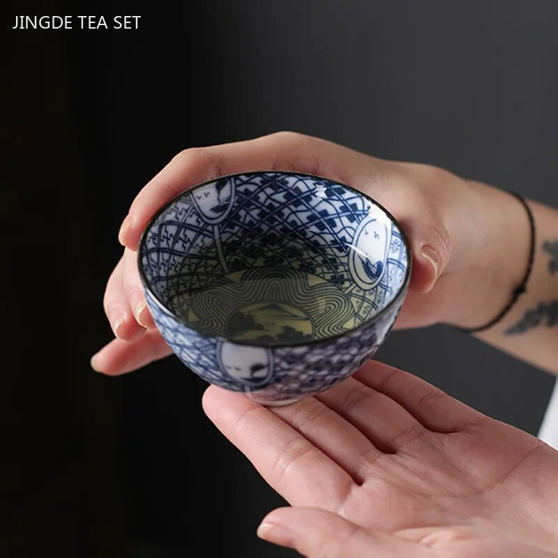50 ml Jingdezhen kék-fehér porcelán teáscsésze Kínai kerámia teáscsésze Hordozható személyi egycsészes hagyományos retro teáskészlet