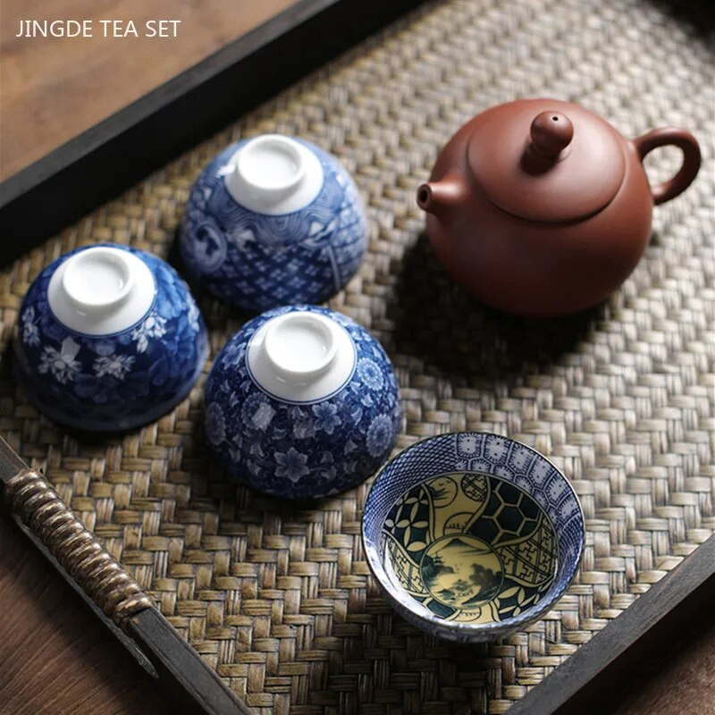 50 ml Jingdezhen kék-fehér porcelán teáscsésze Kínai kerámia teáscsésze Hordozható személyi egycsészes hagyományos retro teáskészlet