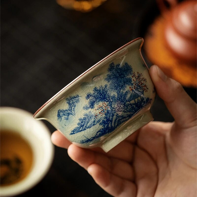 Tájkép kínai kerámia csészék Kerámia nyitó teáscsésze készlet Kék-fehér teásedény Kung Fu teástál teaszertartás teáscsésze