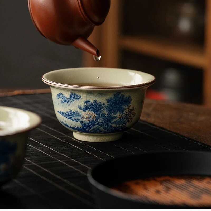 Tájkép kínai kerámia csészék Kerámia nyitó teáscsésze készlet Kék-fehér teásedény Kung Fu teástál teaszertartás teáscsésze