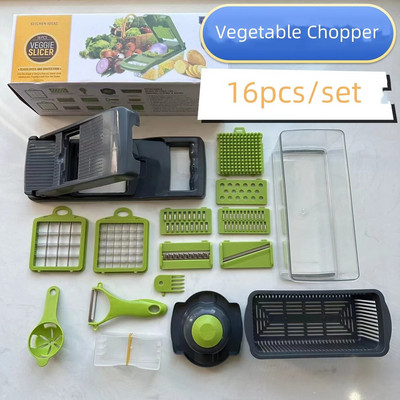 14 buc/set Tocator de legume Multifunctional Tocator de fructe Razatoare manuala de taiere cu recipient Tocator Tocator Lucruri de bucatarie