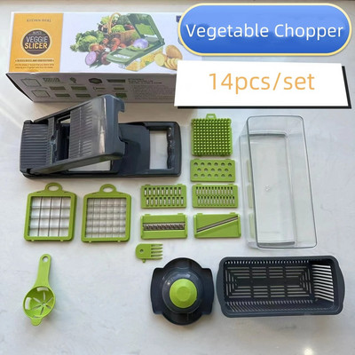 14 buc/set Tocator de legume Multifunctional Tocator de fructe Razatoare manuala de taiere cu recipient Tocator Tocator Lucruri de bucatarie