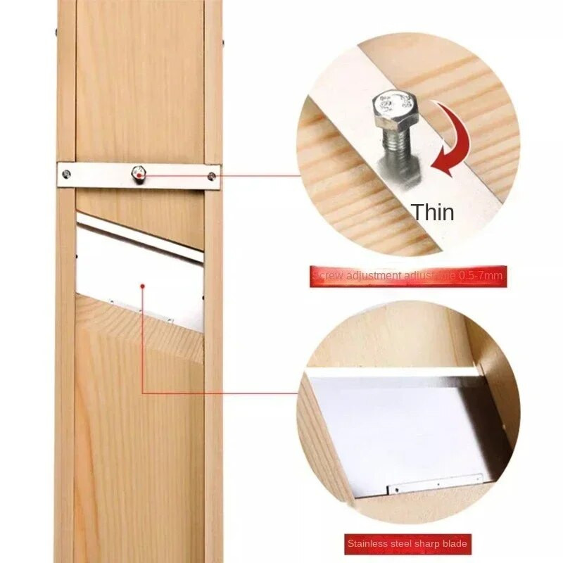 Puidust köögiviljalõikur, reguleeritav 0,5–7 mm köögiviljalõikur kartuli-, tomati- ja sibulakapsa purustaja puuviljahakkimiseks