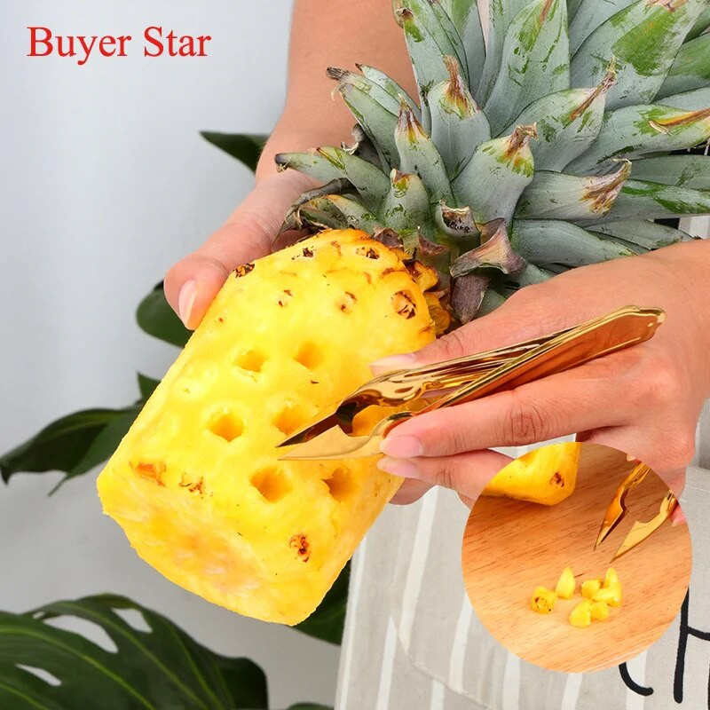 2vnt/komplektas Gold Fruit serviravimo įrankiai nerūdijančio plieno ananasų akių skutiklis, sėklų valiklis ananasų peilių spaustukai virtuvės reikmenys