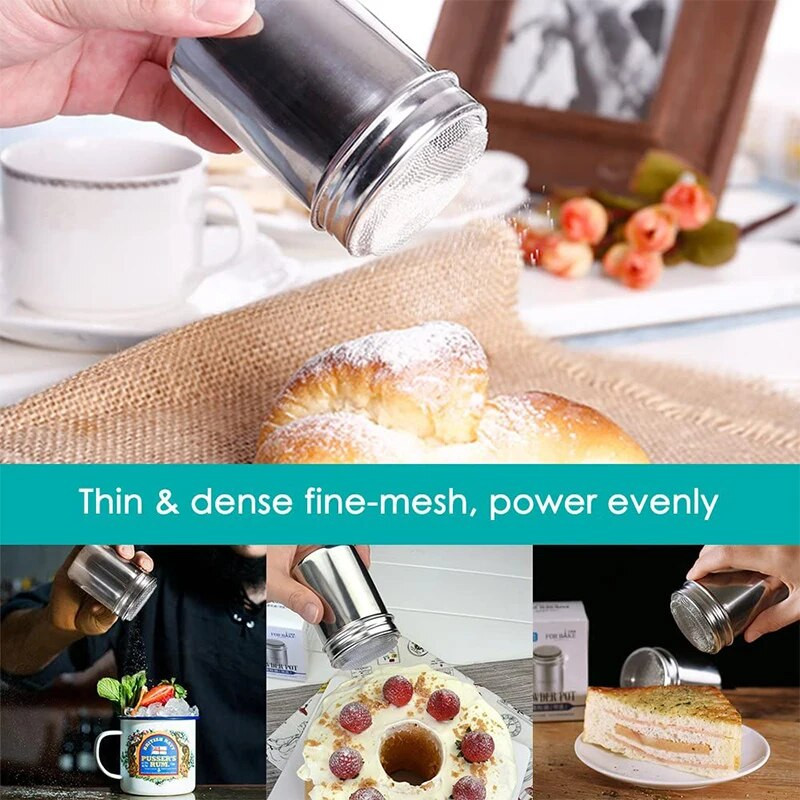 LMETJMA Shaker za šećer u prahu Duster Dredges Shaker od nehrđajućeg čelika za šećer u prahu s poklopcem Mrežasti shaker Limenke za prah Staklenke JT219