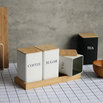 Изчистен стил Бамбуково покритие Iron Art Контейнери за храна Съхранение на кафе на зърна Чай Консумативи за кухненски дисплей Квадратна кутия за буркан Буркани